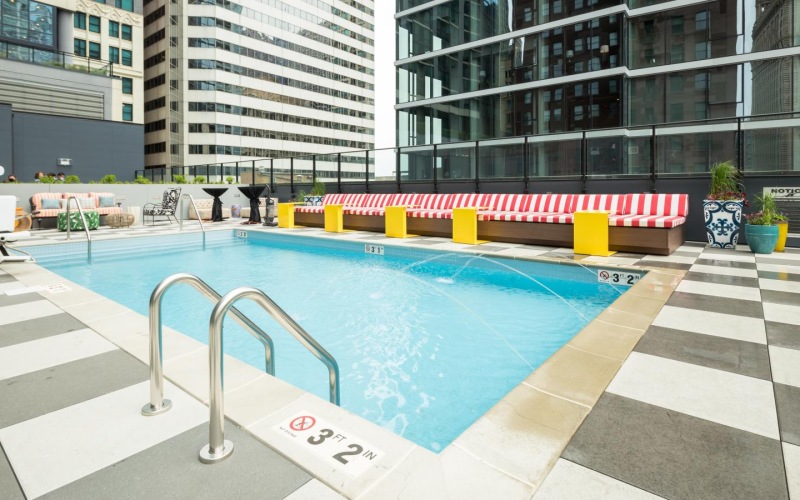 a swimming pool in a courtyard