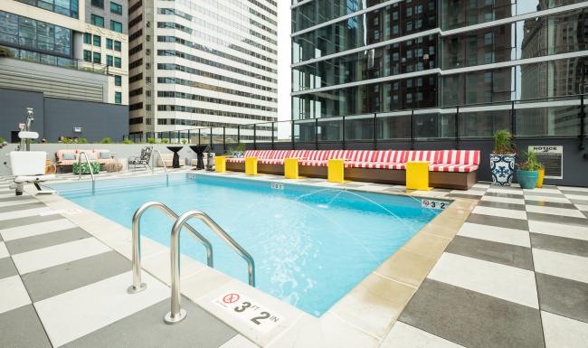 a swimming pool in a courtyard