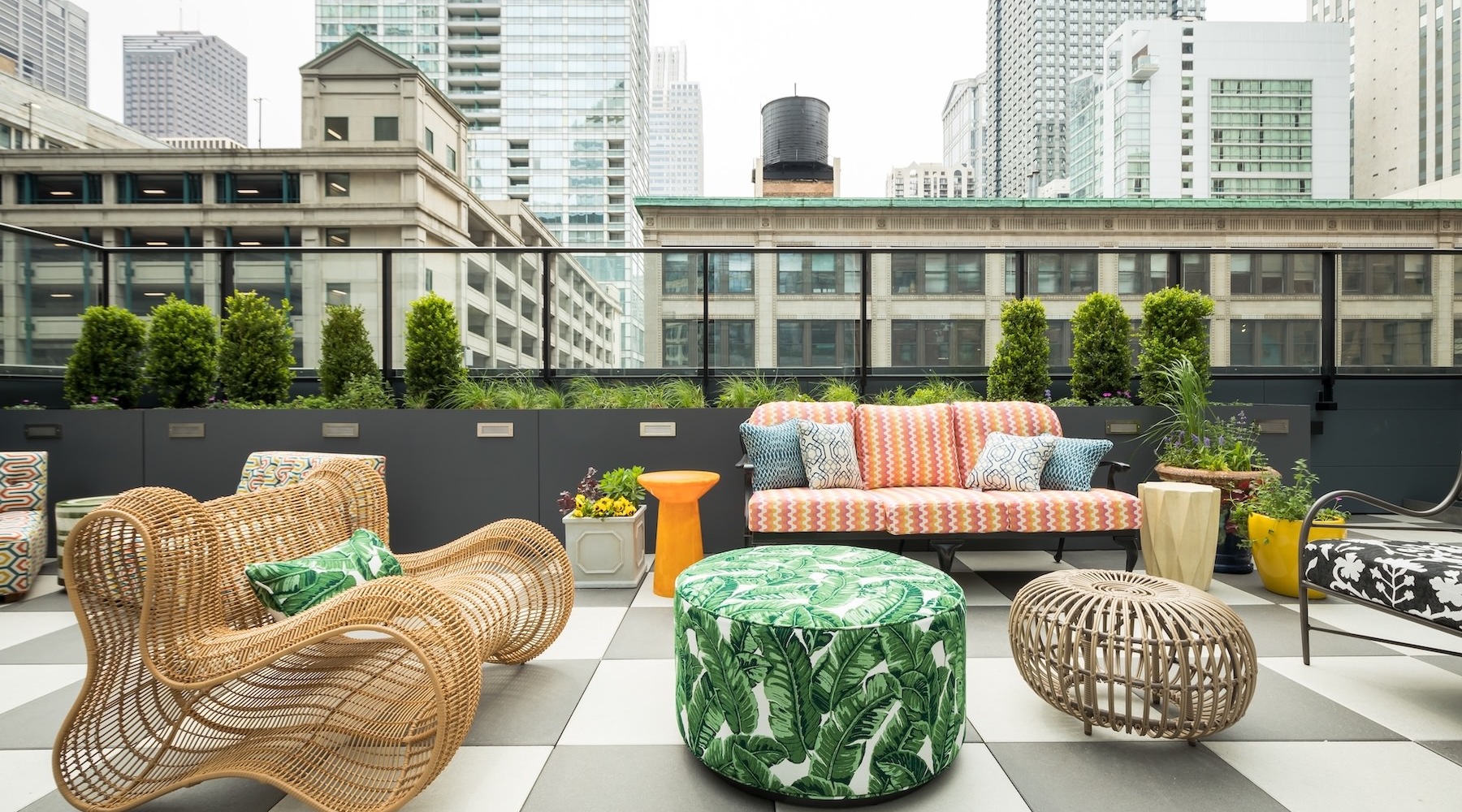 a rooftop lounge in a city