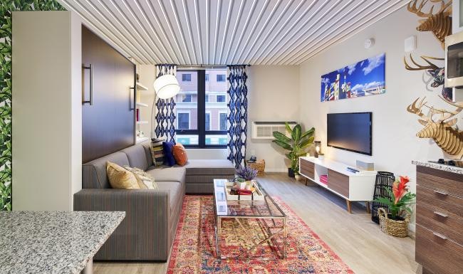 a living room with a large window