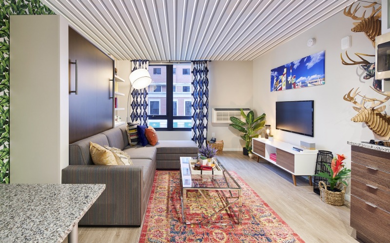 a living room with a large window